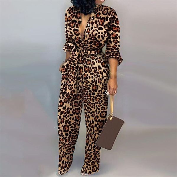 

leopard tied waist long sleeve jumpsuit women rompers piece overalls casual jumpsuits streetwear dropshipping y200904, Black;white