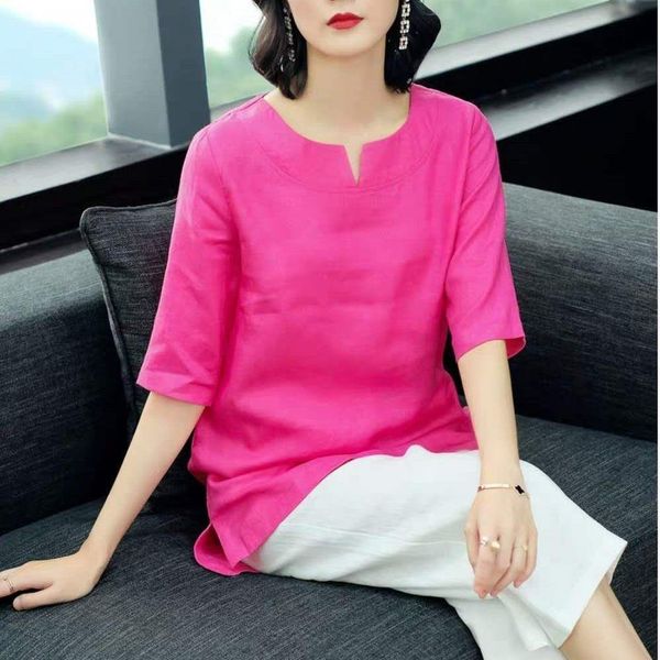 

plus size loose cotton linen shirt women summer blouses short sleeve solid color elegant white ladies office casual 4xl