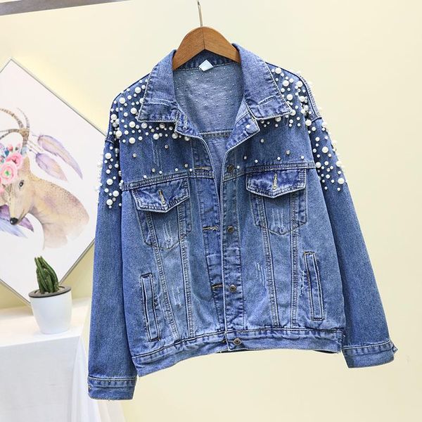 

women's jackets 2021 spring fashion women pearl turndown collar hand frayed denim jacket autumn loose long sleeve casual female jeans j, Black;brown
