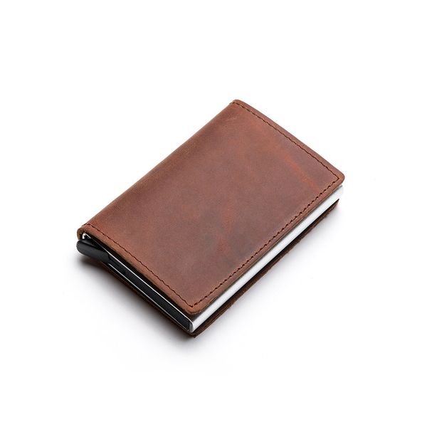 

real leather card holder new cards case clutch wallet genuine leather aluminum box slim thin smart, Brown;gray