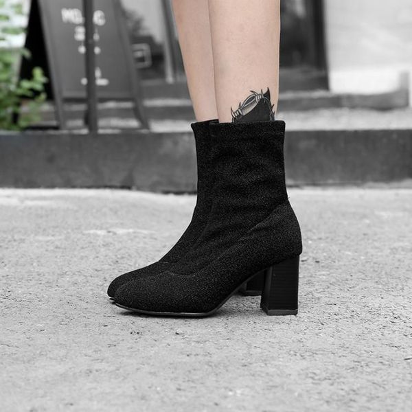 

boots big size european and american stiletto ankle boots, high-heeled socks, pointed bud stretch, Black