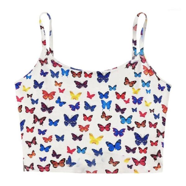 

women sleeveless crop multicolor butterfly print spaghetti strap camis vest1, White
