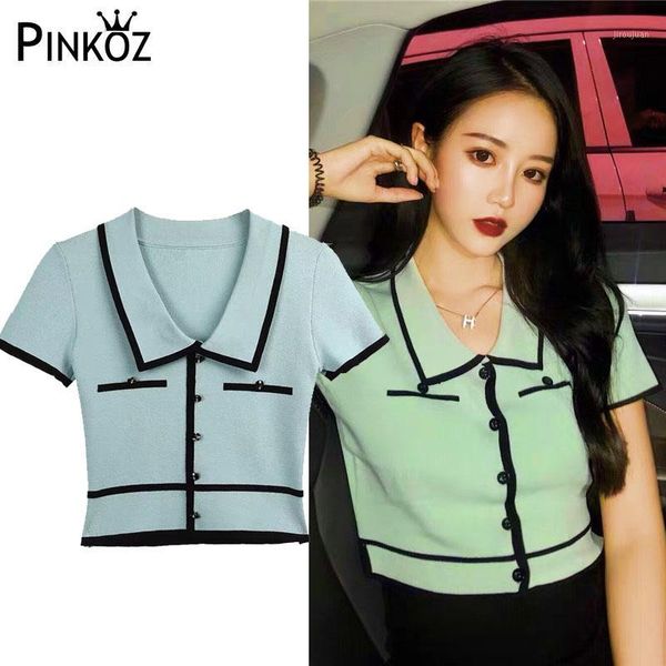 

pinkoz casual daily blue knitting fake single breasted short elegant vintage women buttons summer 2020 sweet1, White