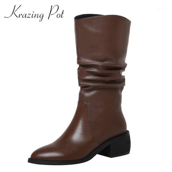 

krazing pot winter new boots genuine leather three colors all-match pointed toe thick med heel slip on dating mid-calf boots l651, Black