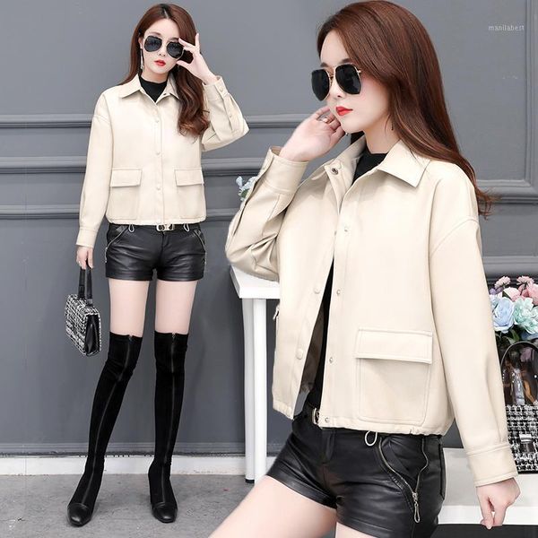 

autumn leather coat jacket women's short lapel spring jacket pu leather motorcycle zipper small black pink beige white fe1