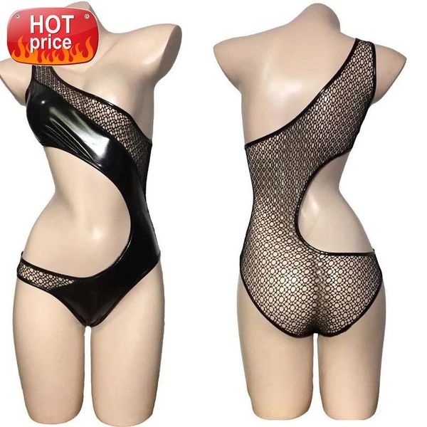 

women pvc leather mesh one shoulder leotard fetish lingerie see-through hollow out bodysuit teddies latex catsuit #fu9g, Black;white