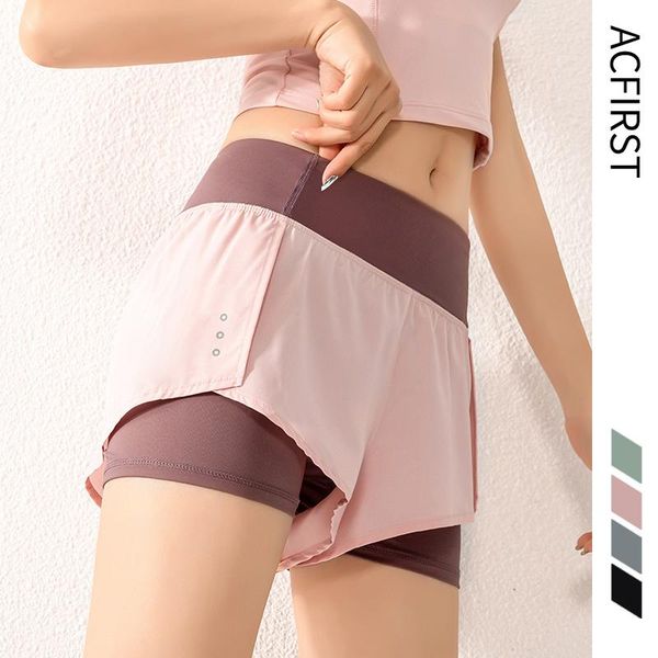 

acfirst women gym double side pocket running shorts breathable quick dry summer short workout high waist fitness sportwear kg-436, Black;blue