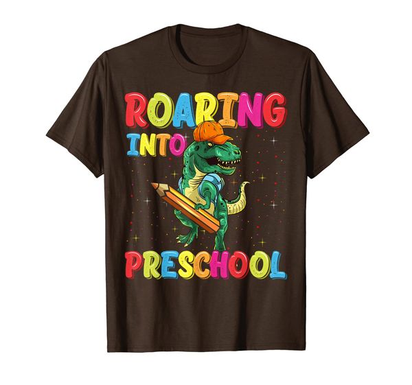 

roaring into preschool dinosaur back to school t rex boys t-shirt, White;black