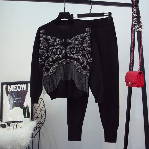 

2018 new autumn and winter women's beads tassels long sleeve knitted sweaters + casual long pants two piece female pants suit1, Gray