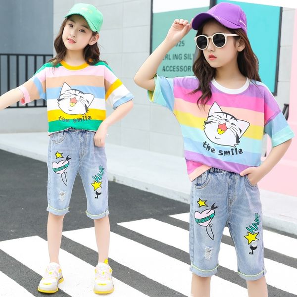 

girls rainbow striped t-shirt summer outfit girl clothes jeans shorts kids girls 2 piece clothing set y200525, White