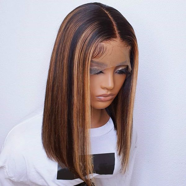 

black with brown highlight wig t part front lace human hair transparent lace wig bleached knots for black women, Black;brown