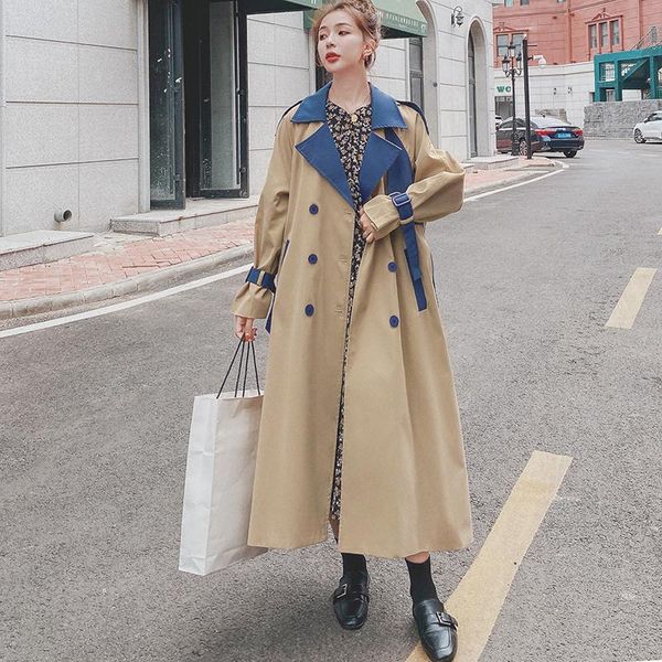 

women's trench coats windbreaker 2021 autumn khaki blue stitching plus long british style double breasted fashion coat female 2fy, Tan;black