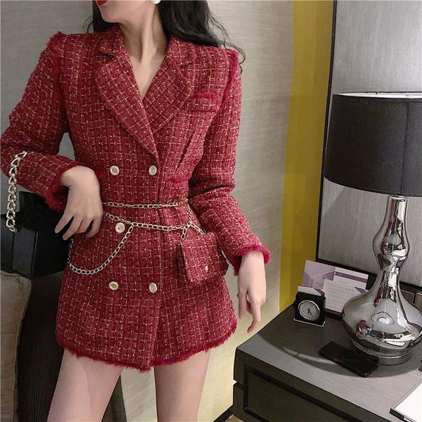 

women's jackets autumn winter women elegant slim red beige tweed jacket female fashion double breast chain belt pocket coat vintage out, Black;brown