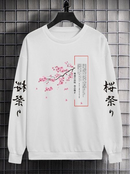 

men japanese letter & floral print drop shoulder pullover y0ow#, Black