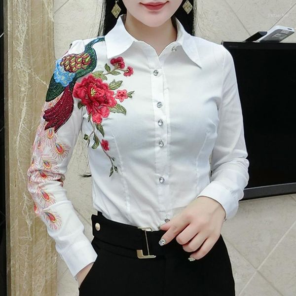 

fashion women white shirt female long-sleeved embroidered turn down collar blouse blusa1
