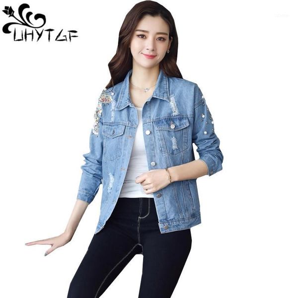 

women's jackets uhytgf women denim jacket spring autumn plus size female beading coat jeans for casaco feminino 5271, Black;brown