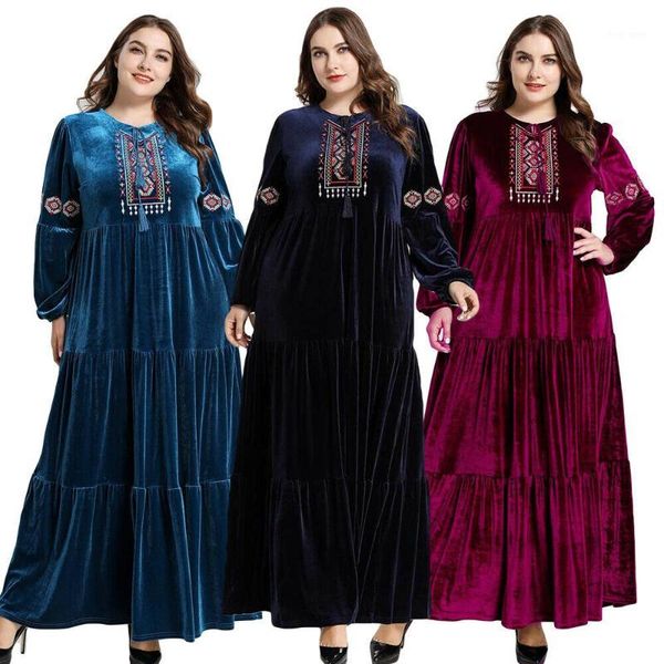

muslim women abaya velvet embroidery long maxi dress robes jilbab warm islamic dubai kaftan winter casual plus size cocktail new1, Red