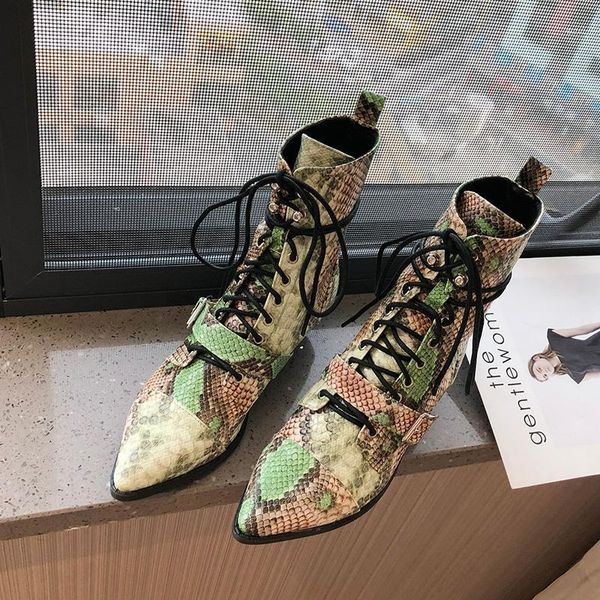 

women's ankle boots pointed toe snake pattern med heels lace up buckle shoes b1261, Black