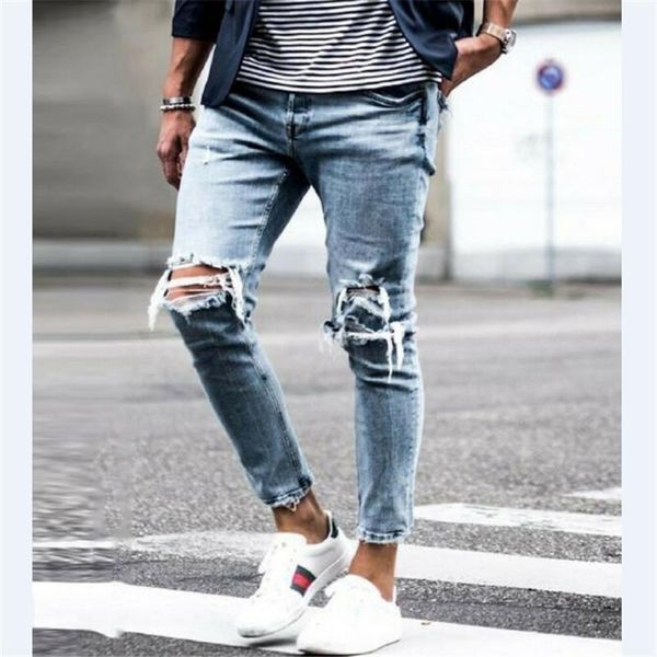 

2020 men fashion thin skinny jeans for men hip hop trousers male clothes long pencil pants ripped jeans slim spring hole1, Blue