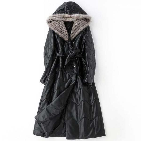 

genuine leather jacket real collar sheepskin coat women winter warm down coat womens hooded jackets hq18-cjx0095b yy360, Black