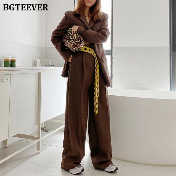 

bgteever vintage oversized women pant suits single-breasted belted suit jackets & wide leg pants 2021 autumn female blazer set, White