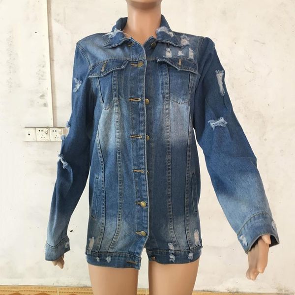 

hole denim jacket 2020 new spring fashion women outwear long sleeve blue denim coat loose slim fit casual jeans ripped coat1, Black;brown