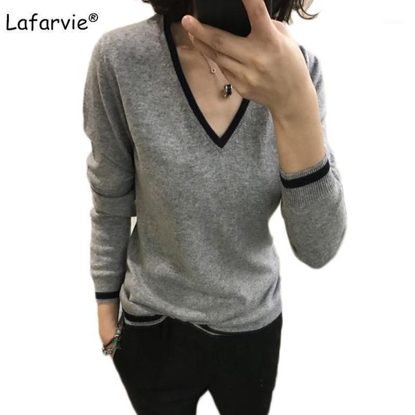 

women's sweaters lafarvie v-neck cashmere sweater women all-match knitted pullovers and autumn winter full sleeve striped pull femme1, White;black