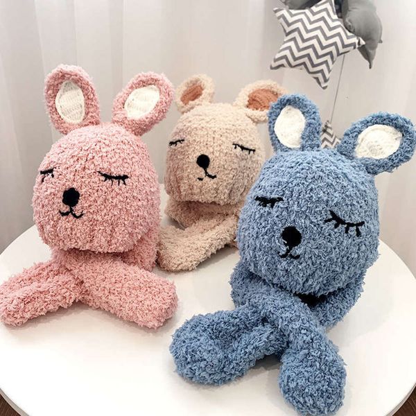 

autumn warm baby with children cartoon rabbit scarf winter ear protection plush hat, Red;brown