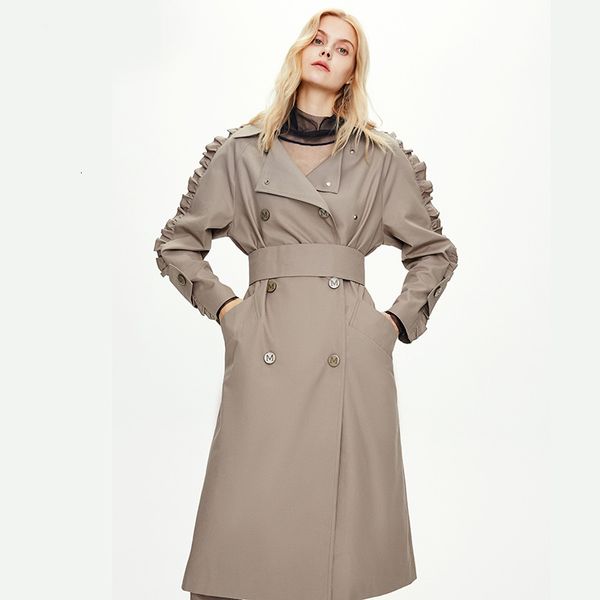

2021 new coat ruffle sleeve design turn down collar double breasted women long trench femme abrigo streetwear jpqp, Tan;black