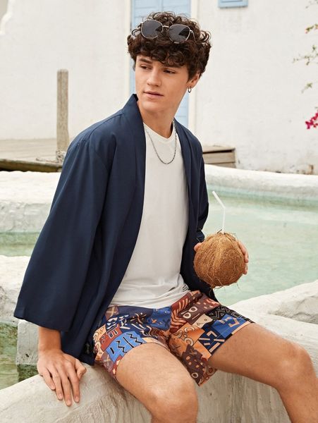 

men 1pc open front patched kimono i3l5#, White;black