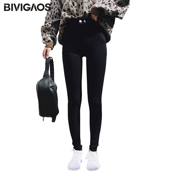 

bivigaos women kitten button magic pants spring casual trousers women slim skinny pants ladies elastic black pencil pants lj201103, Black;white