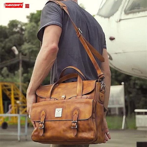 

cowhide men's handbag official business briefcase men lapbag shoulder bag retro travel portable bags first layer leather1