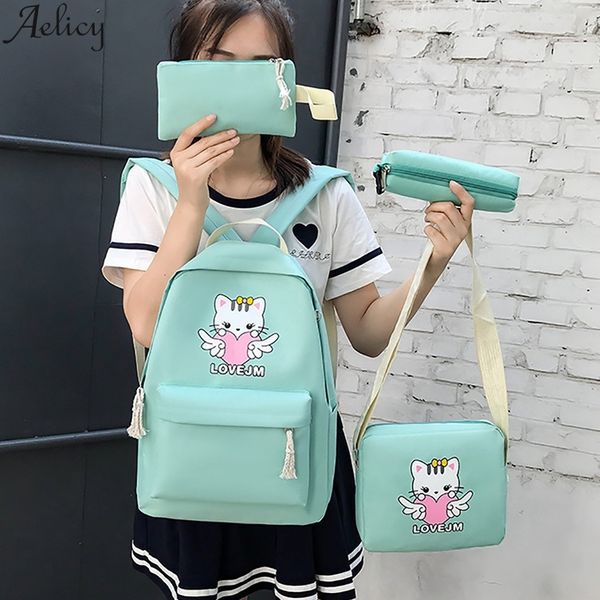 

aelicy pink girl style fashion oxford cloth cartoon kit student backpack casual large capacity travel 4 piece set