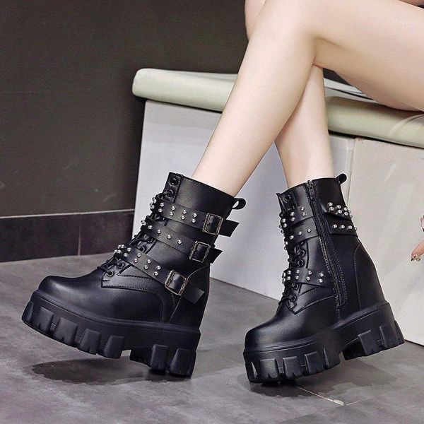 

boots lyxlyh chunky platform women's ankle 2021 autumn winter punk style metal buckle super high heels woman hidden wedges1, Black
