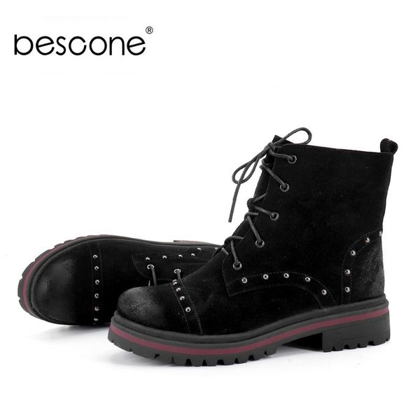 

bescone lace-up ladies boots winter solid handmade 4 cm med heel shoes casual outside round toe square heel women boots bc256, Black