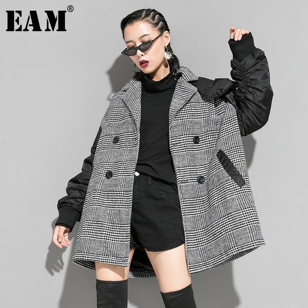 

[eam] loose fit black plaid double breasted big size jacket new lapel long sleeve women coat fashion autumn winter 2020 1k155 y200101, Black;brown