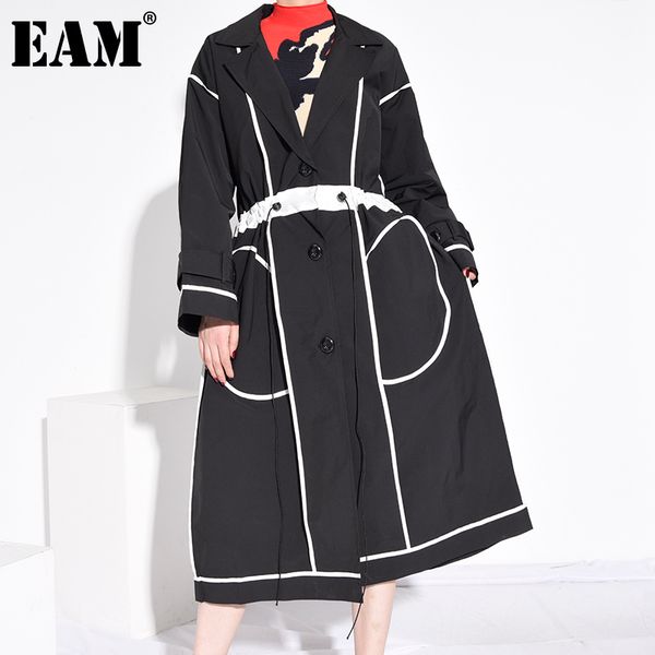 

[eam] women black line split joint big size long trench new lapel long sleeve loose windbreaker fashion spring autumn 2020 lj201128, Tan;black