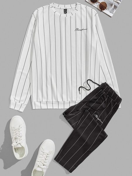 

men pinstriped letter graphic pullover & drawstring waist pants u15c#, Gray