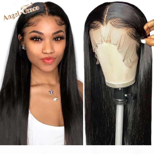 

angel grace 13x4 front human hair remy frontal wig brazilian straight 4x4 lace closure wigs for women pre plucked, Black;brown