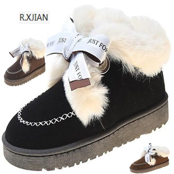 

r.xjian brand plush fur lining ladies short ankle winter suede snow boots bow mink tassel warm shoes, Black