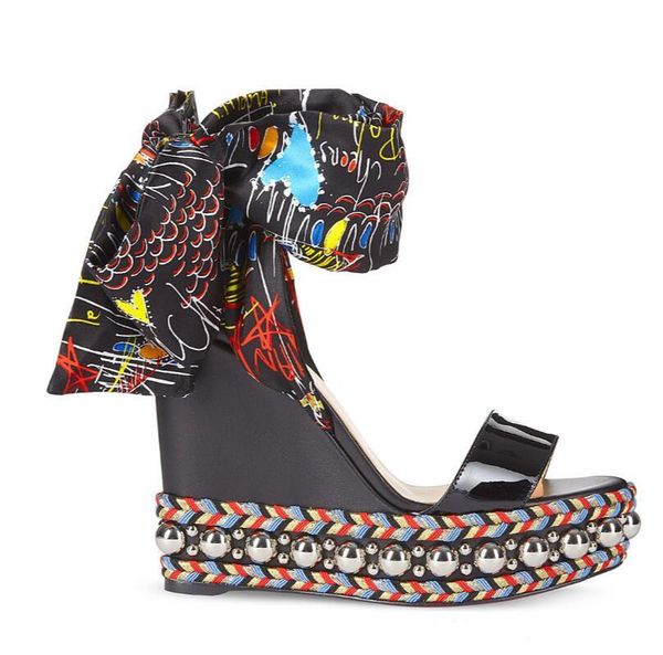 

with box] luxury women's sandals red bottom wedges levantinana high heels studs ankle strap gladiator sandals -- party wedding dress, Black