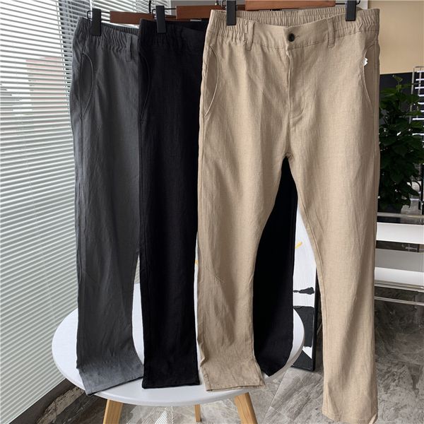 

feiri shan 3d cutting breathable cotton hemp blended casual pants with small straight tube elastic waist in early autumn