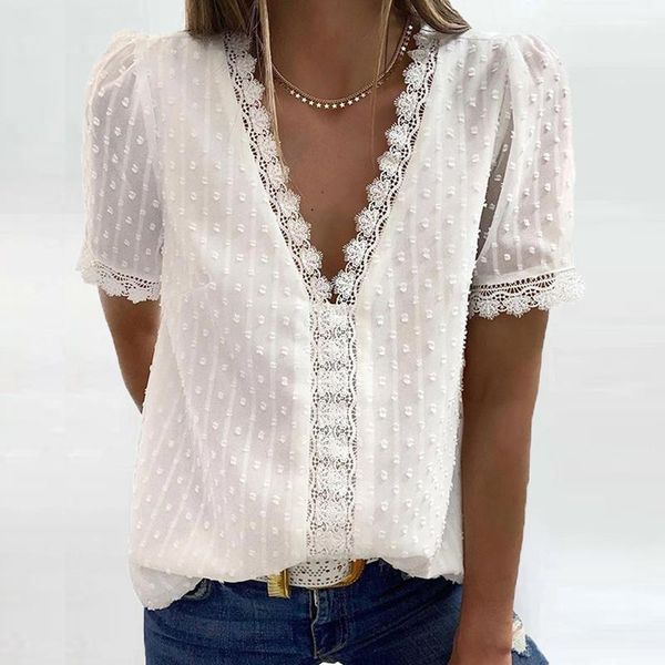 

3xl v-neck lace shirt blouse spring summer short sleeve ladies shirt 2020 casual women solid pullover blusa streetwear1, White
