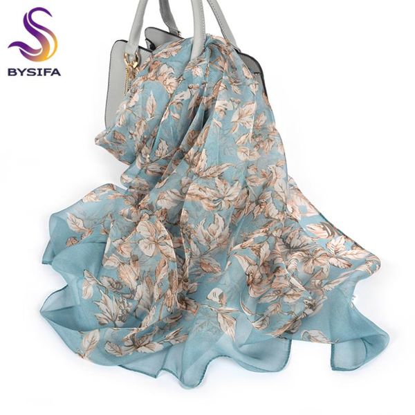 

shawls [bysifa] 100% silk chiffon scarf female brand leaves design grey khaki long scarves beach fall winter women neck, Blue;gray