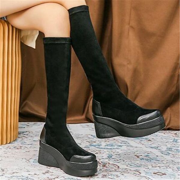 

with 2021 new toe shoes round foot women knee high black elastic boots bbqm