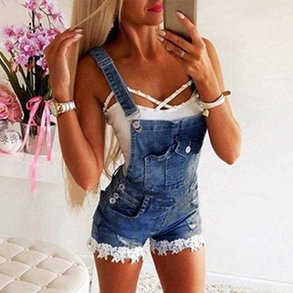 

2021 summer ripped hole denim overalls women short jeans jumpsuit female lace hem denim rompers playsuit straps shorts1, Black;white