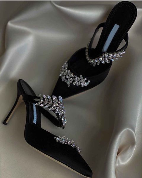 Sandálias luxuosas Lurum, sapatos femininos, salto alto, folha, mulas de cetim, enfeitadas com cristais, sandálias de tiras, chinelos, sexy, bico fino, marca EU35-42
