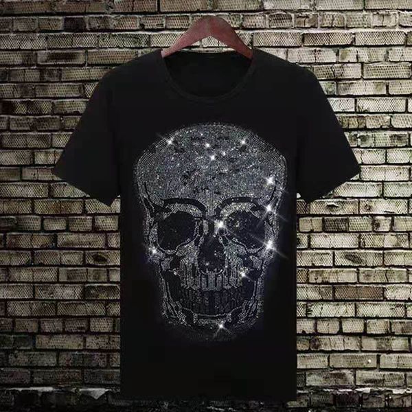

cotton plus size s-5xl skull rhinestones with diamond t shirts men summer tees o neck slim fit tshirts high quality, White;black