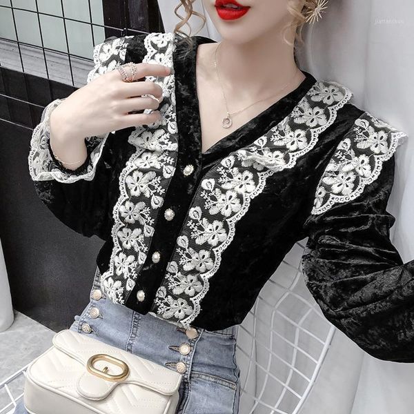 

women v-neck patched lace ruffles blouses shirts female full flare sleeve chic velour blouses for girls nr56291, White