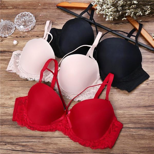 

lace super push up bra for women fashion bow pure color adjustable underwire bralette lingerie female brassiere b c cup1, Red;black